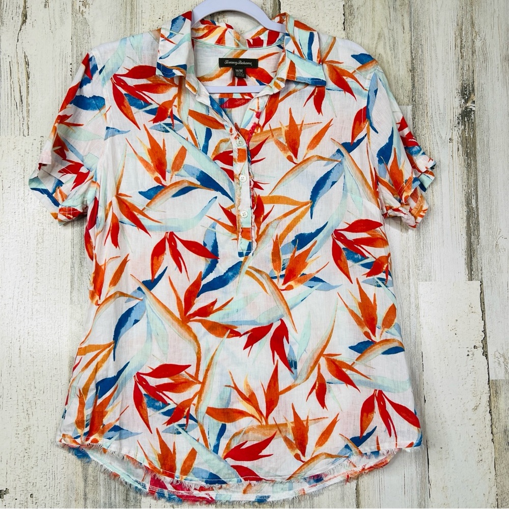 Tommy Bahama 100% Linen Popover Shirt Womens Size Medium Resort Tropical Floral